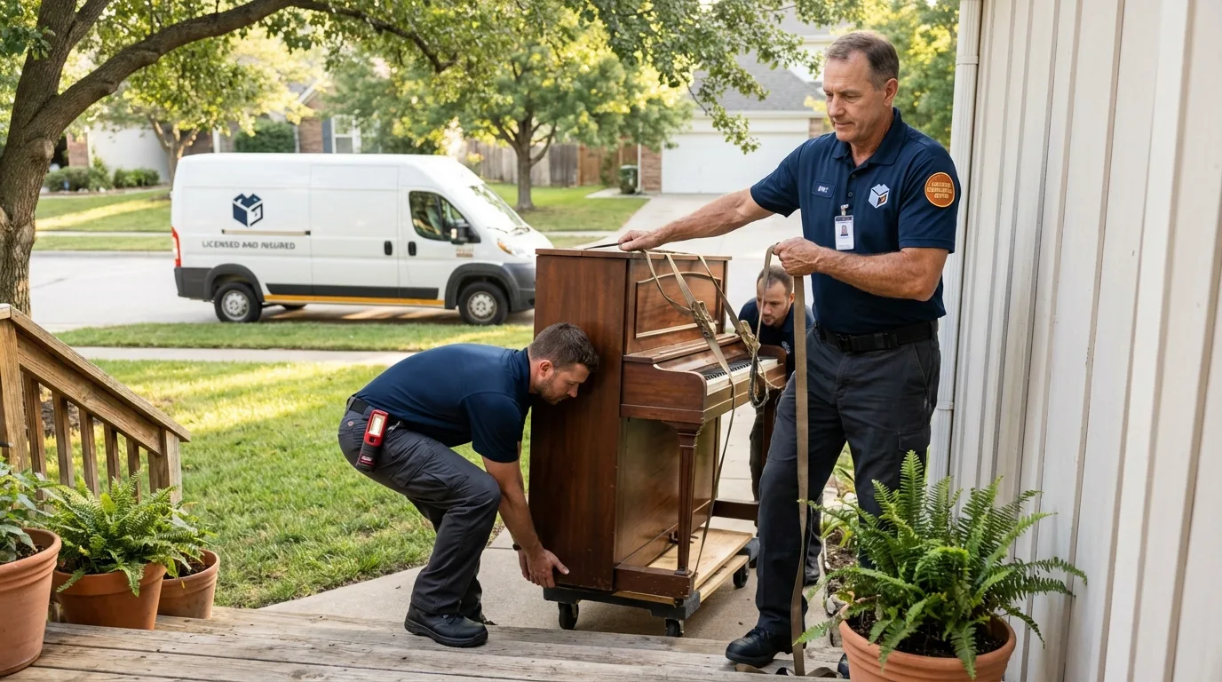 Licensed piano movers securing grand piano in Louisiana, MO