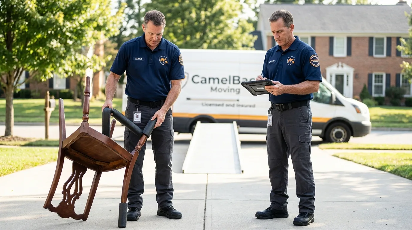 Movers inspecting furniture for damage prevention before loading in Louisiana, MO