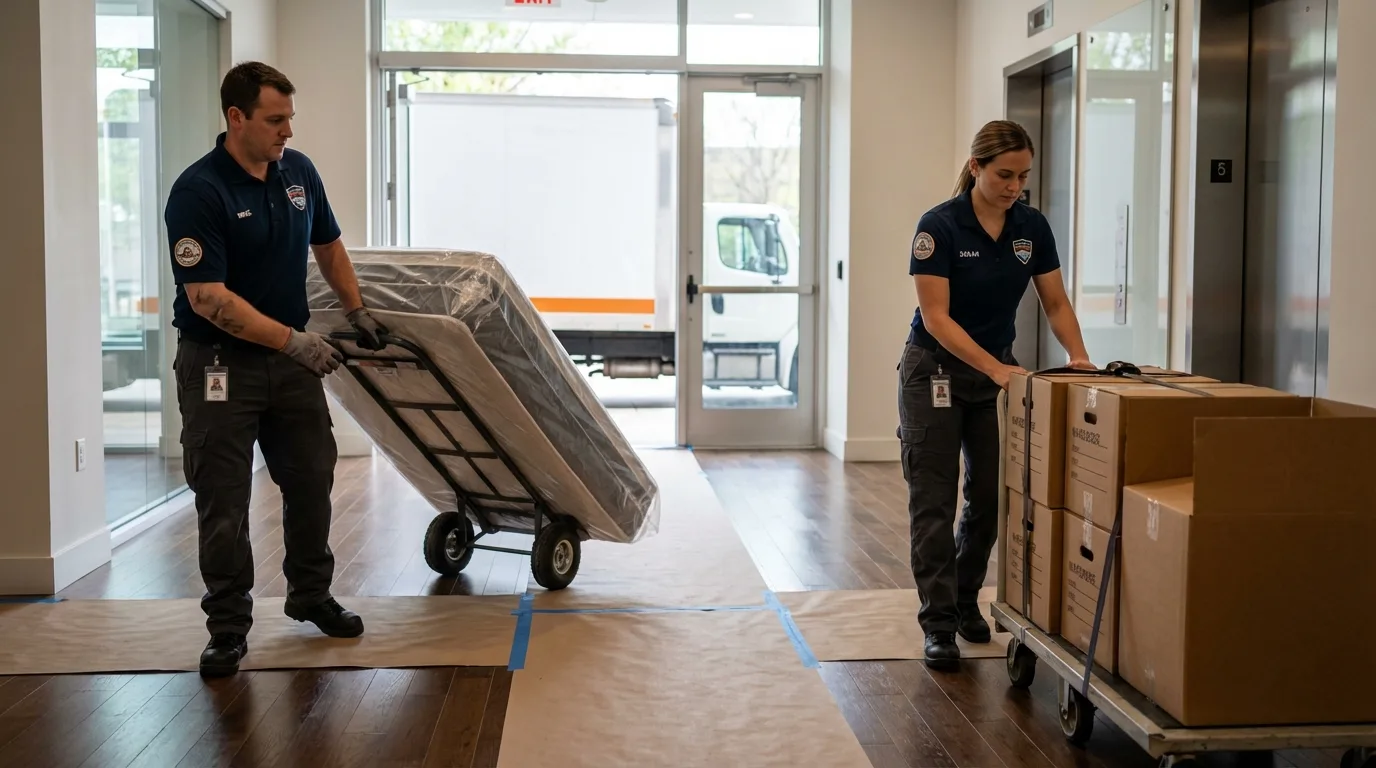 Professional apartment movers loading elevator in Louisiana, MO