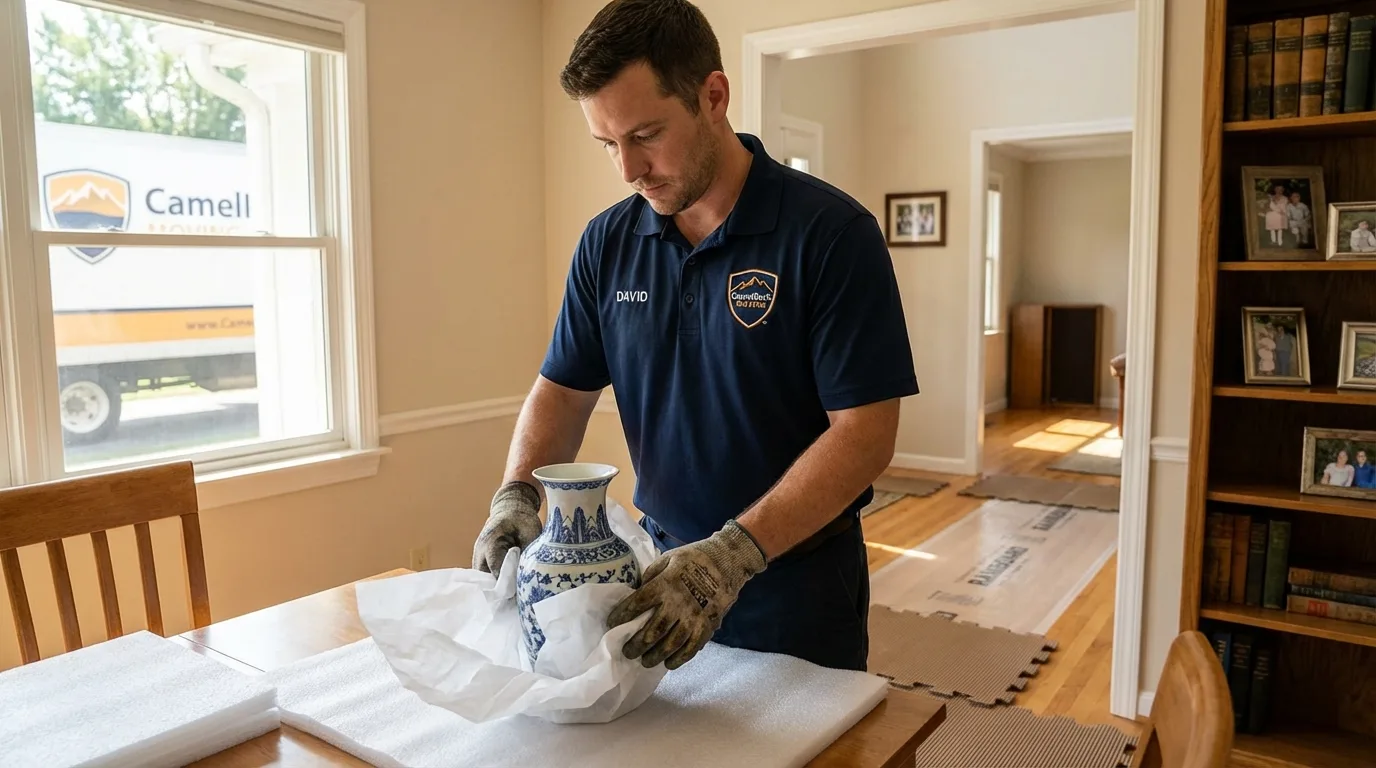 Professional crew carefully wrapping antique vase for senior downsizing move in Louisiana, MO